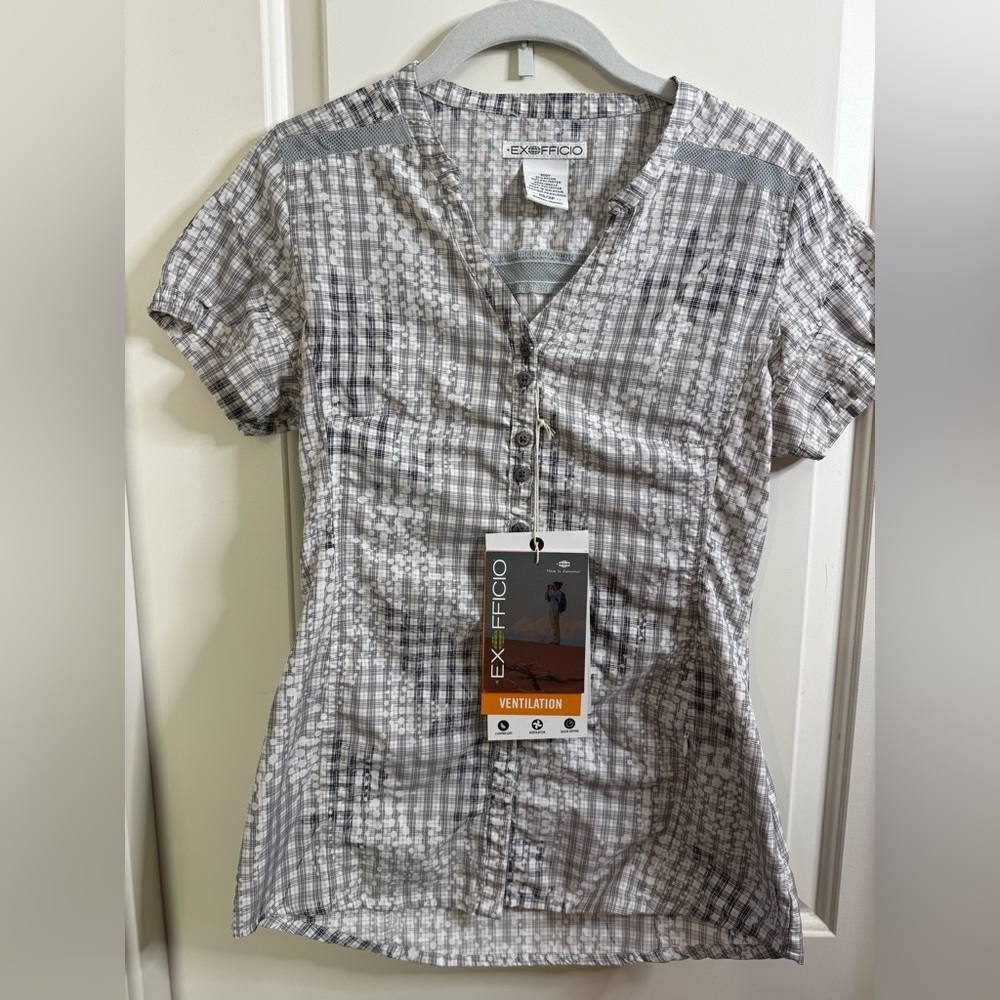 EXOFFICIO women’s XS Teahouse Trek’r button up short sleeve gray/white shirt NWT
